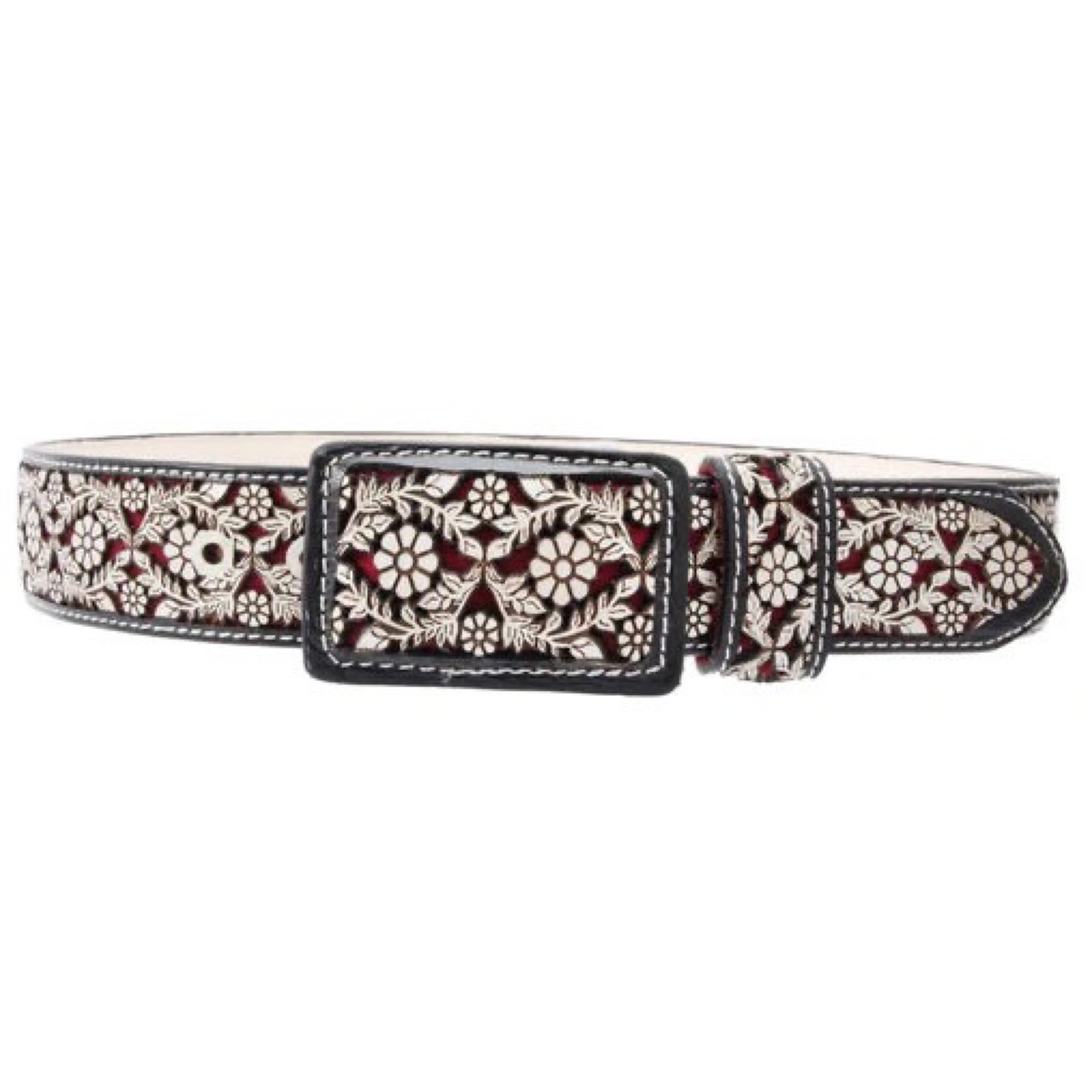 A detailed image of a men's belt with a laser-cut pattern, featuring a buckle and a variety of colors including black, brown, and beige.