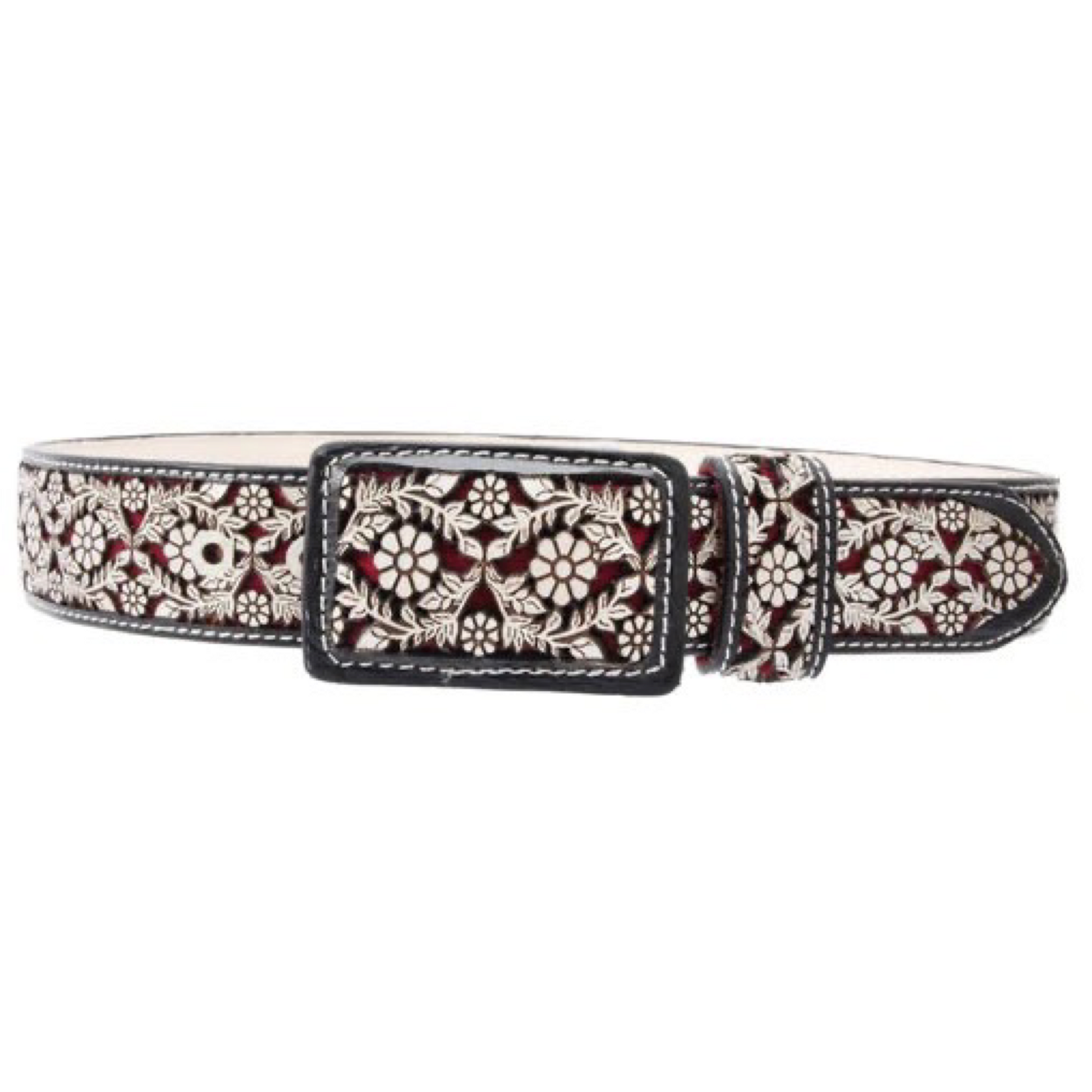 A detailed image of a men's belt with a laser-cut pattern, featuring a buckle and a variety of colors including black, brown, and beige.