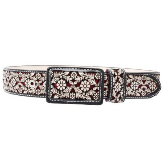 A detailed image of a men's belt with a laser-cut pattern, featuring a buckle and a variety of colors including black, brown, and beige.