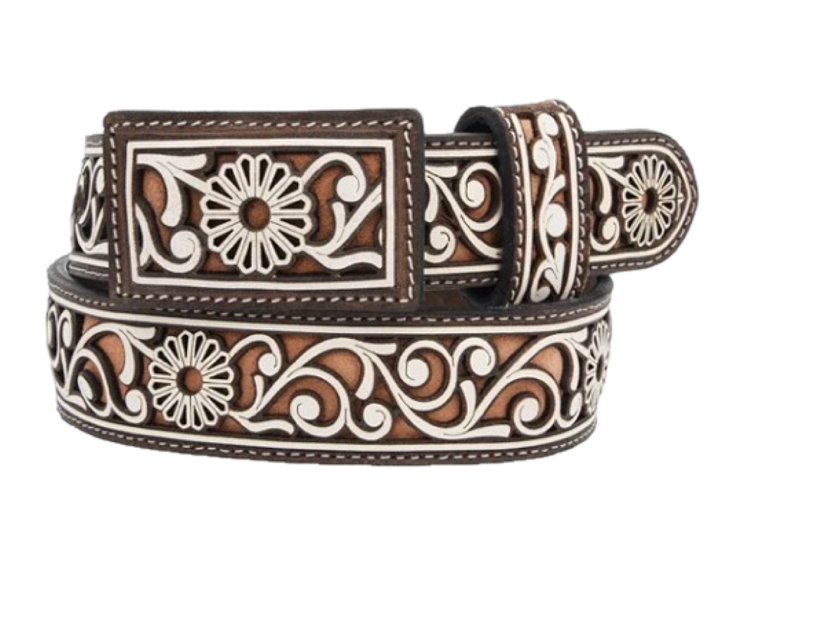 A brown leather belt with traditional floral and geometric patterns, decorated using laser cutting.