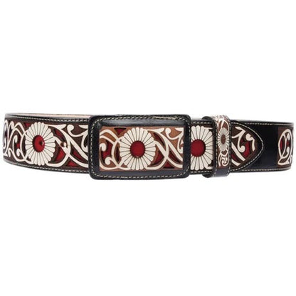 Cinto Vaquero  Vino Corte Láser con Flores para Hombre