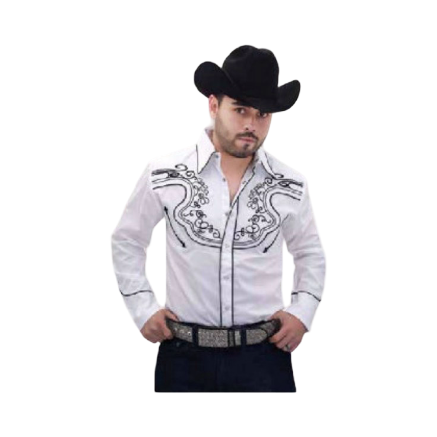 Camisa Vaquera Bordada Blanca con Detalles Negros – White Diamonds Boots