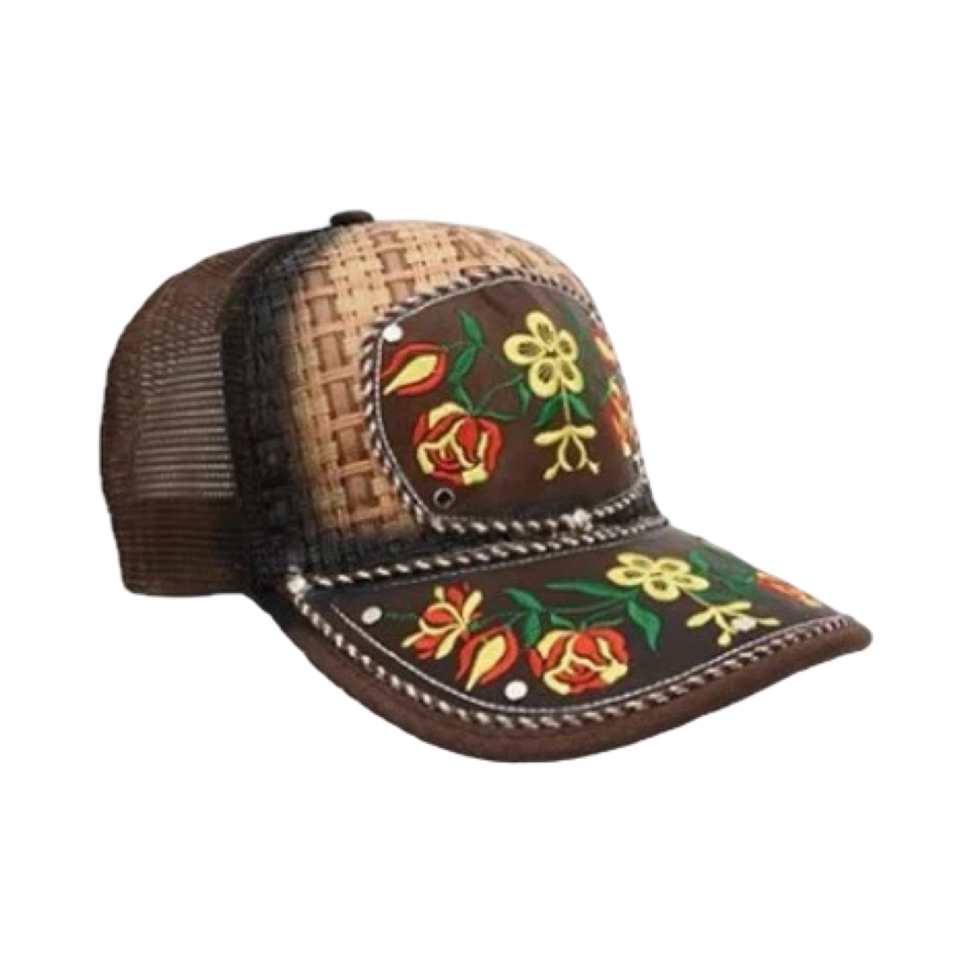 A brown trucker cap with floral embroidery and a snapback closure.