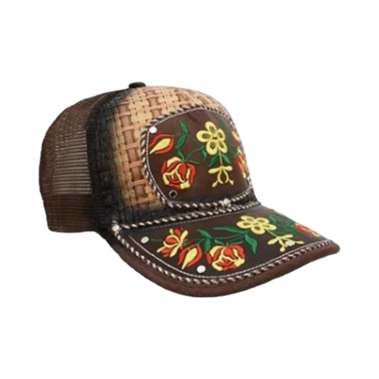 A brown trucker cap with floral embroidery and a snapback closure.