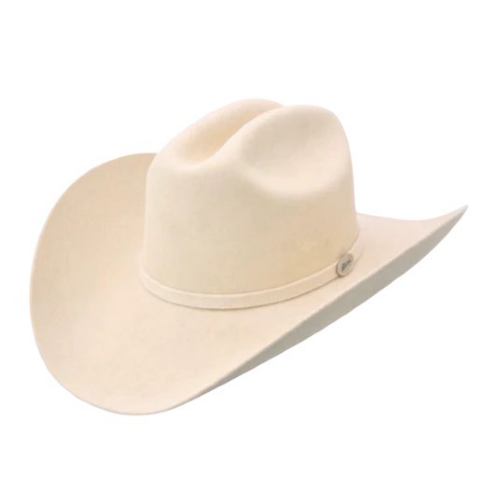 A white cowboy hat with a round crown and a wide brim, featuring a white band with a silver buckle.