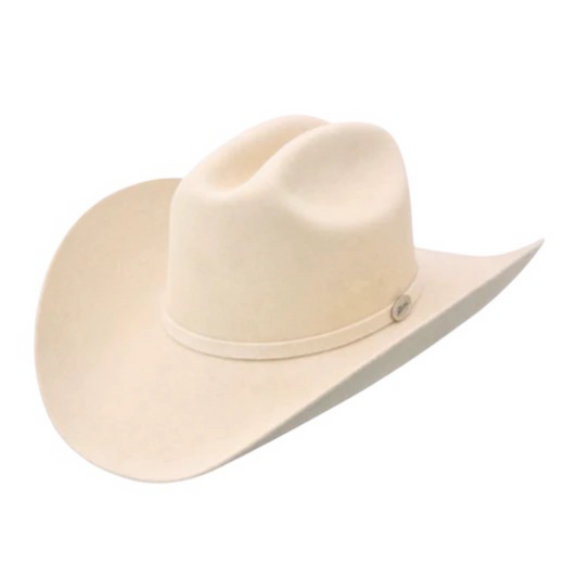 A white cowboy hat with a round crown and a wide brim, featuring a white band with a silver buckle.