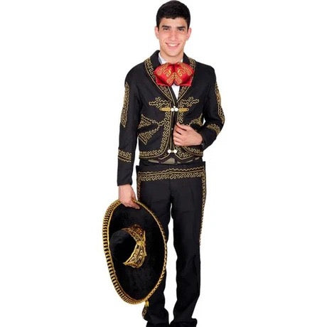 Man wearing a traditional Mexican charro outfit with a sombrero on a white background