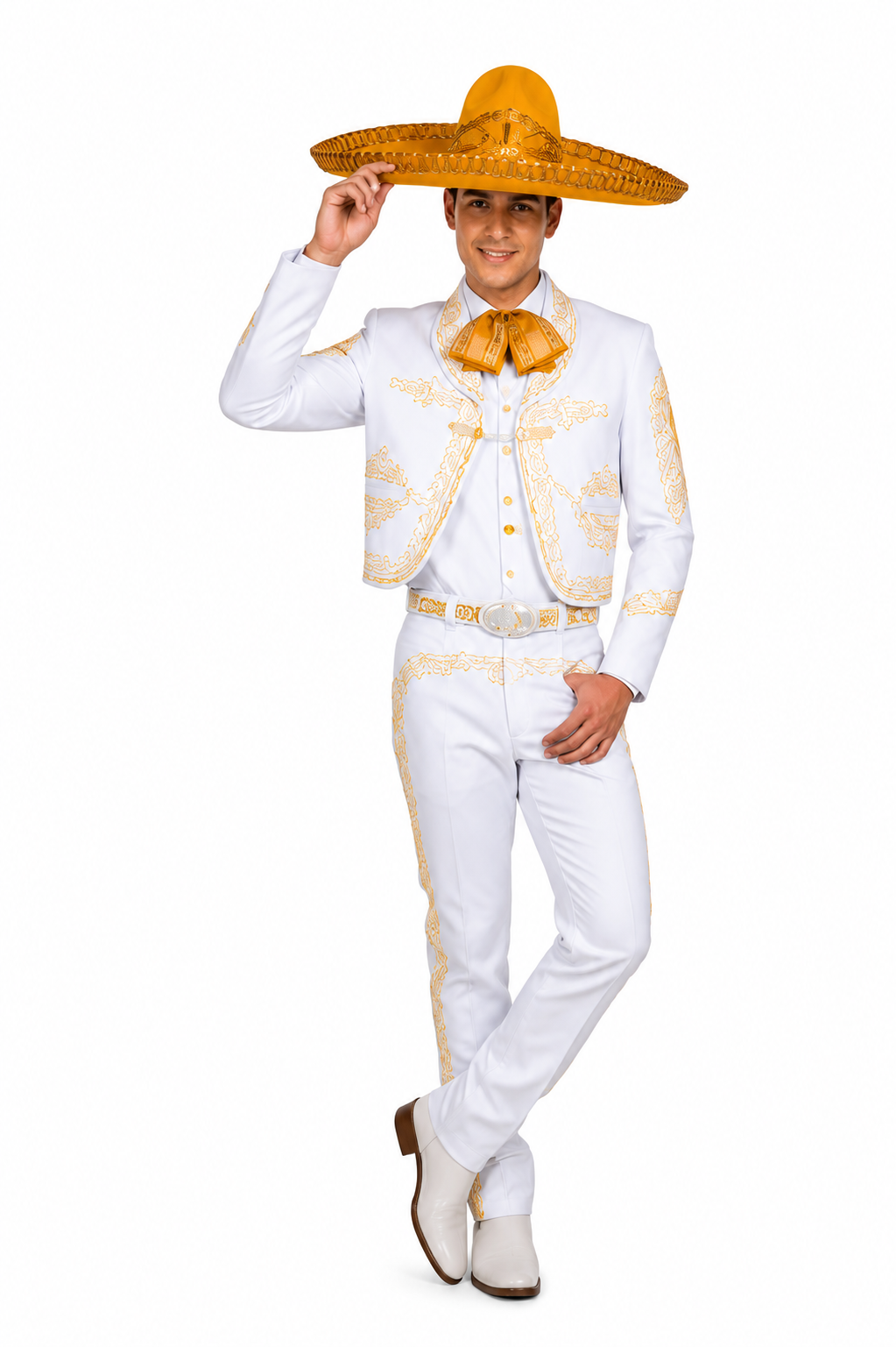 Traje de charro blanco con bordados dorados, sombrero charro dorado, moño a juego y detalles artesanales para mariachi.