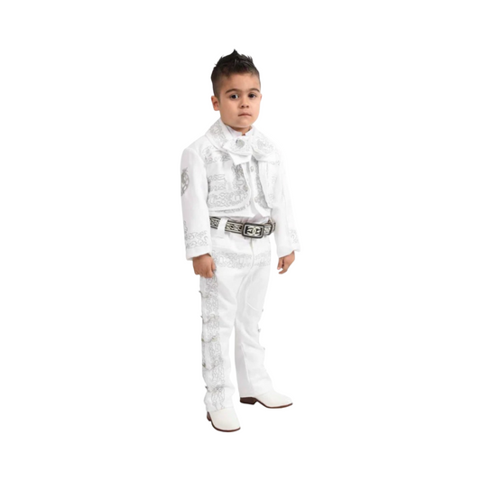Child wearing a white formal outfit with a belt on a white background