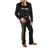 Black suit with gold accents on a white background