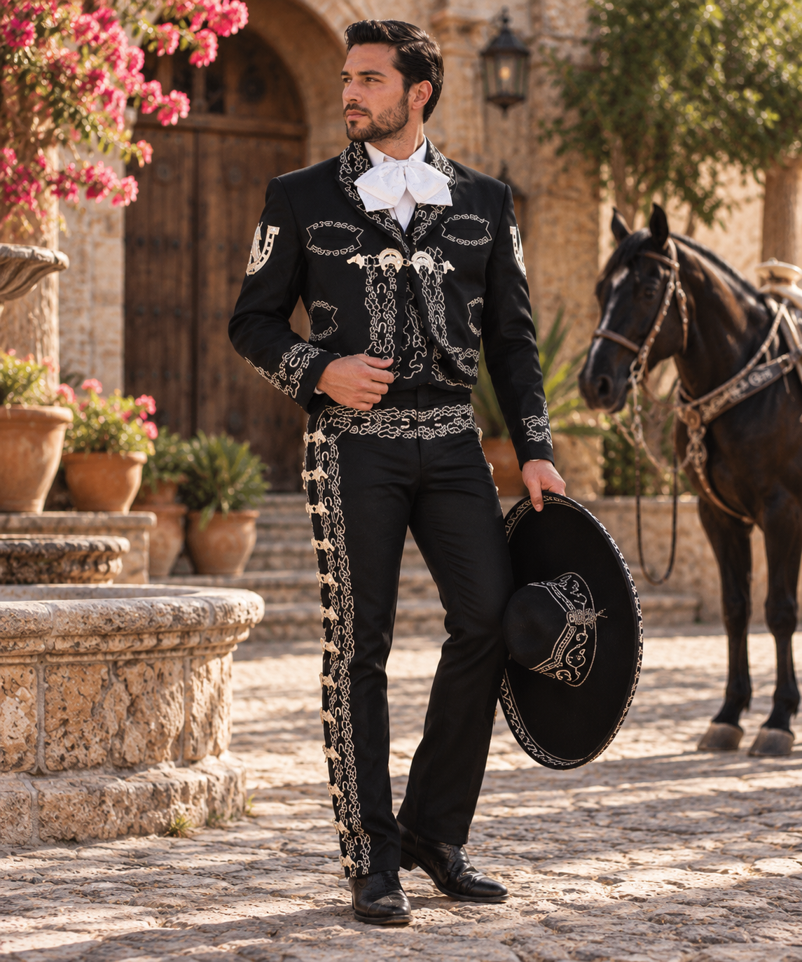 A man wearing a black mariachi suit with ornate silver embroidery, a white bow tie, and black boots stands outdoors in a sunlit courtyard holding a matching black sombrero. A horse is visible in the background.
