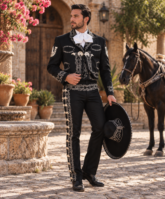 A man wearing a black mariachi suit with ornate silver embroidery, a white bow tie, and black boots stands outdoors in a sunlit courtyard holding a matching black sombrero. A horse is visible in the background.