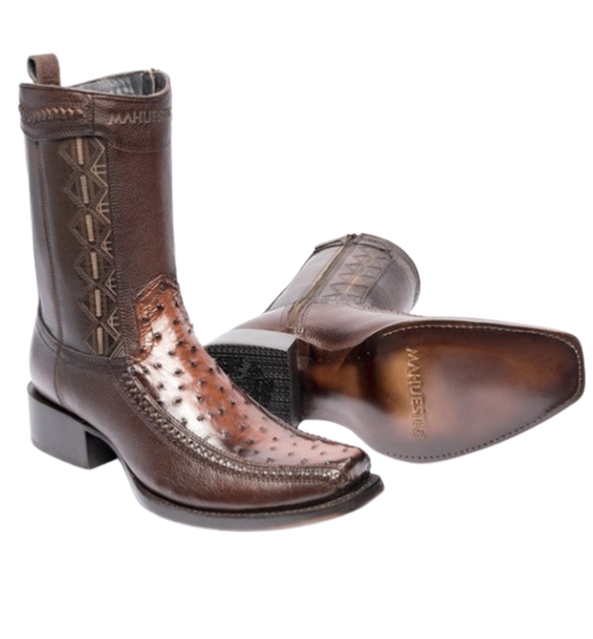 A pair of brown MAHUESTIC ostrich skin boots with a distinctive texture, featuring a square toe style and decorative stitching.