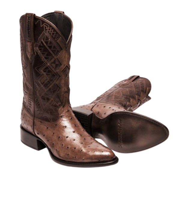 A pair of brown square-toe cowboy boots with visible texture and quill bumps, designed for exotic style and luxury.