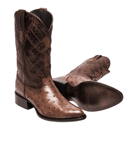 A pair of brown square-toe cowboy boots with visible texture and quill bumps, designed for exotic style and luxury.