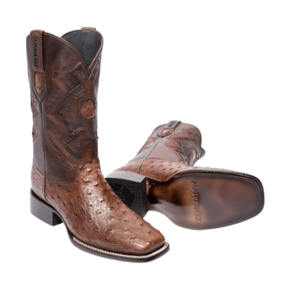 A pair of brown avestruz boots with visible texture and quill bumps, classic square toe style.
