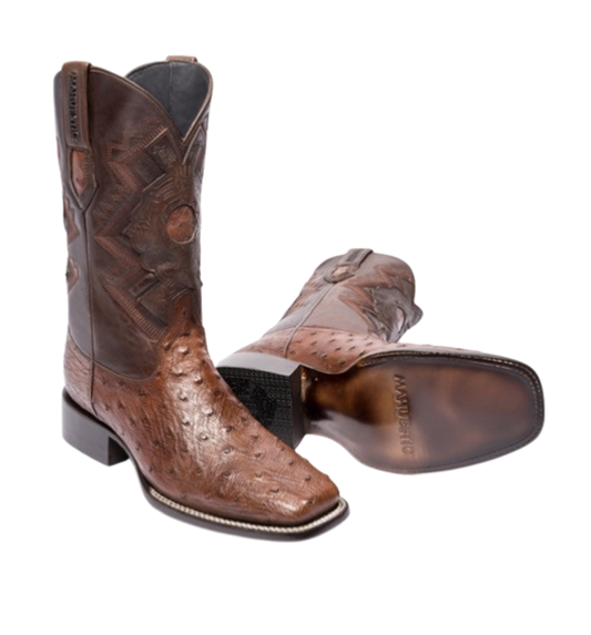 A pair of brown avestruz boots with visible texture and quill bumps, classic square toe style.