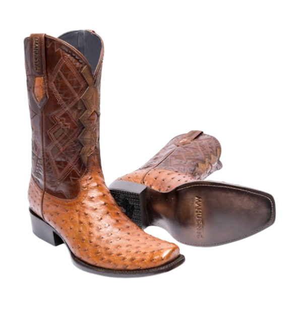 A pair of brown ostrich skin boots with a unique texture, featuring a square toe style and visible quill bumps on the shaft.