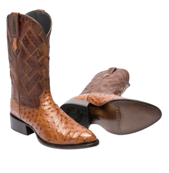 A pair of brown MAHUESTIC ostrich skin boots with a unique texture, showing the side profile and bottom sole.