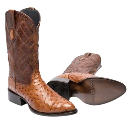 A pair of brown MAHUESTIC ostrich skin boots with a unique texture, showing the side profile and bottom sole.