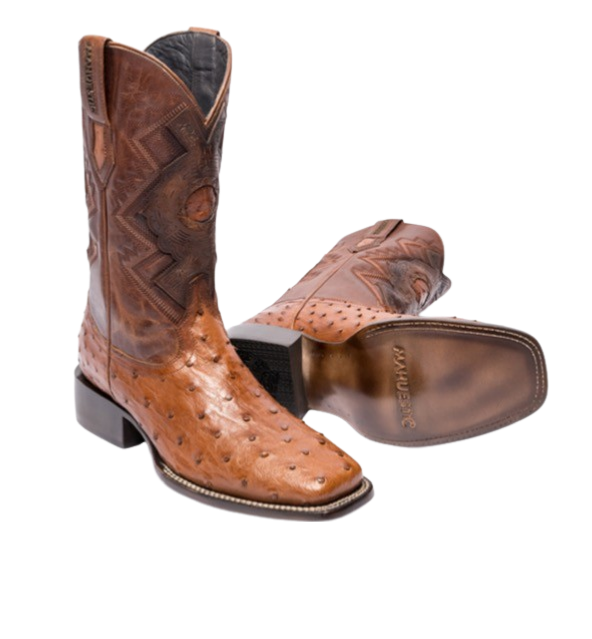 A pair of brown full-quill ostrich skin boots with a square toe and visible texture, displayed against a white background.