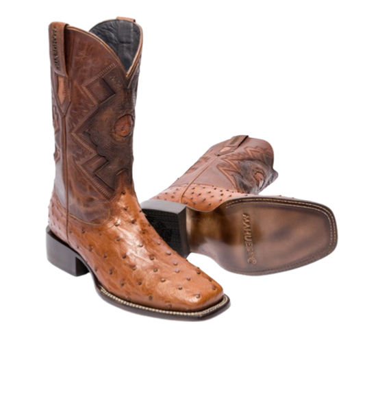 A pair of brown full-quill ostrich skin boots with a square toe and visible texture, displayed against a white background.