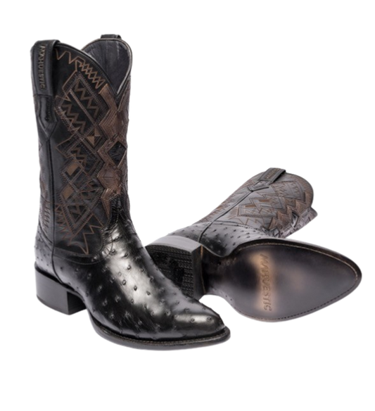 A pair of black ostrich skin boots with visible texture and quill bumps, classic toe shape, and a heel.