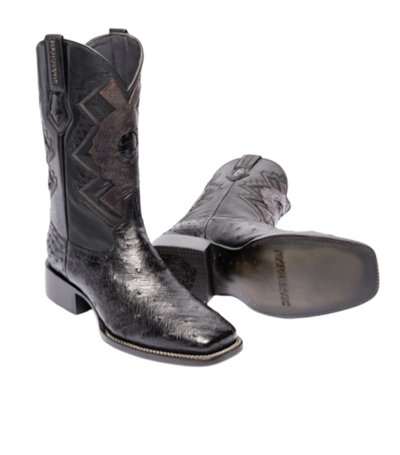 A pair of black ostrich skin boots with a distinctive texture and visible quill bumps. The boots have a square toe style and a classic Western design.