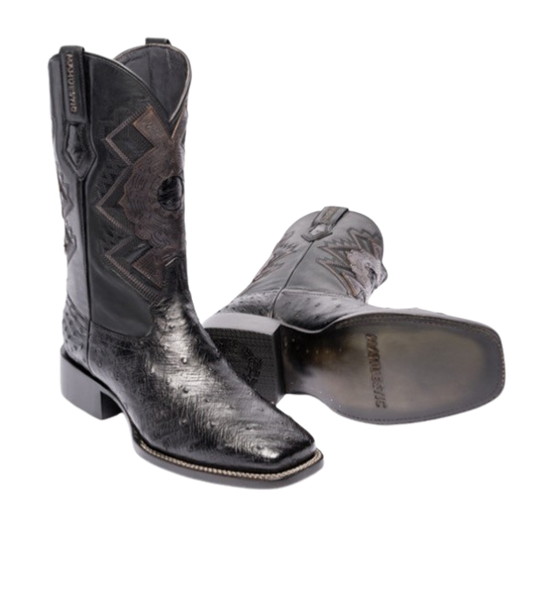 A pair of black ostrich skin boots with a distinctive texture and visible quill bumps. The boots have a square toe style and a classic Western design.