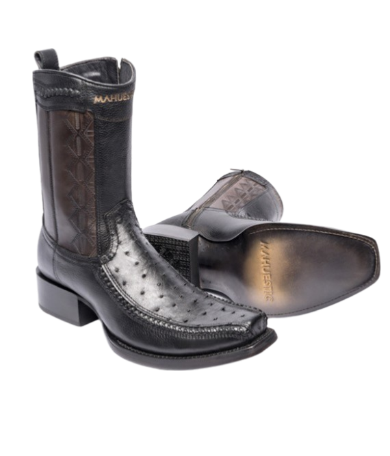 A pair of black MAHUESTIC brand boots made of ostrich leather, showing the side profile and sole.