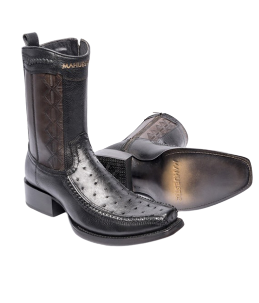 A pair of black MAHUESTIC brand boots made of ostrich leather, showing the side profile and sole.