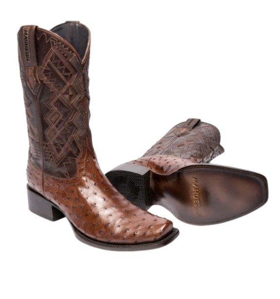A pair of brown avestruz boots with visible texture and quill bumps, designed with a square toe style.