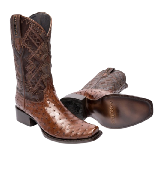 A pair of brown avestruz boots with visible texture and quill bumps, designed with a square toe style.