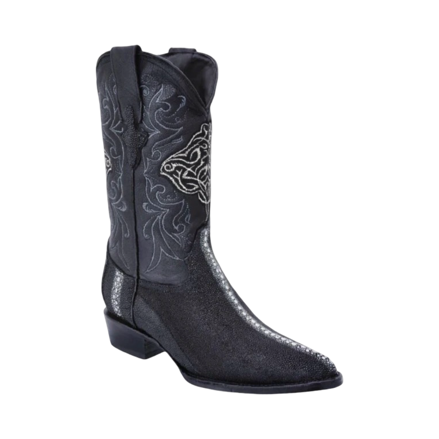 A black leather boot with unique texture and shine, featuring detailed embossing.