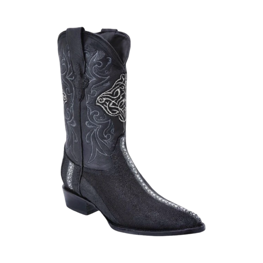 A black leather boot with unique texture and shine, featuring detailed embossing.