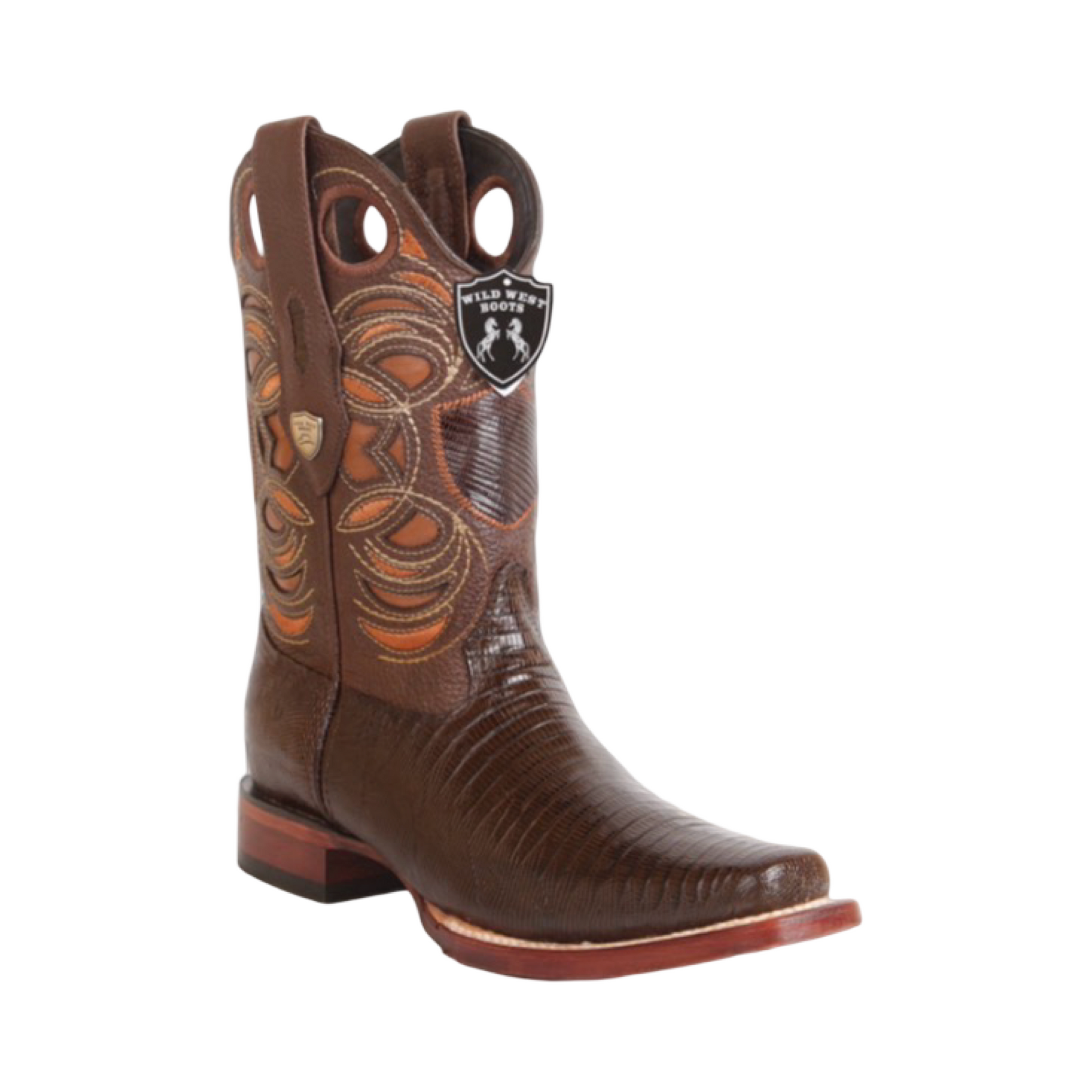 Botas de armadillo café con punta cuadrada y tono cálido.