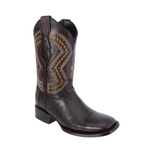 A brown lizard skin boot with a unique pattern and shine, showcasing the texture and scales of the skin.