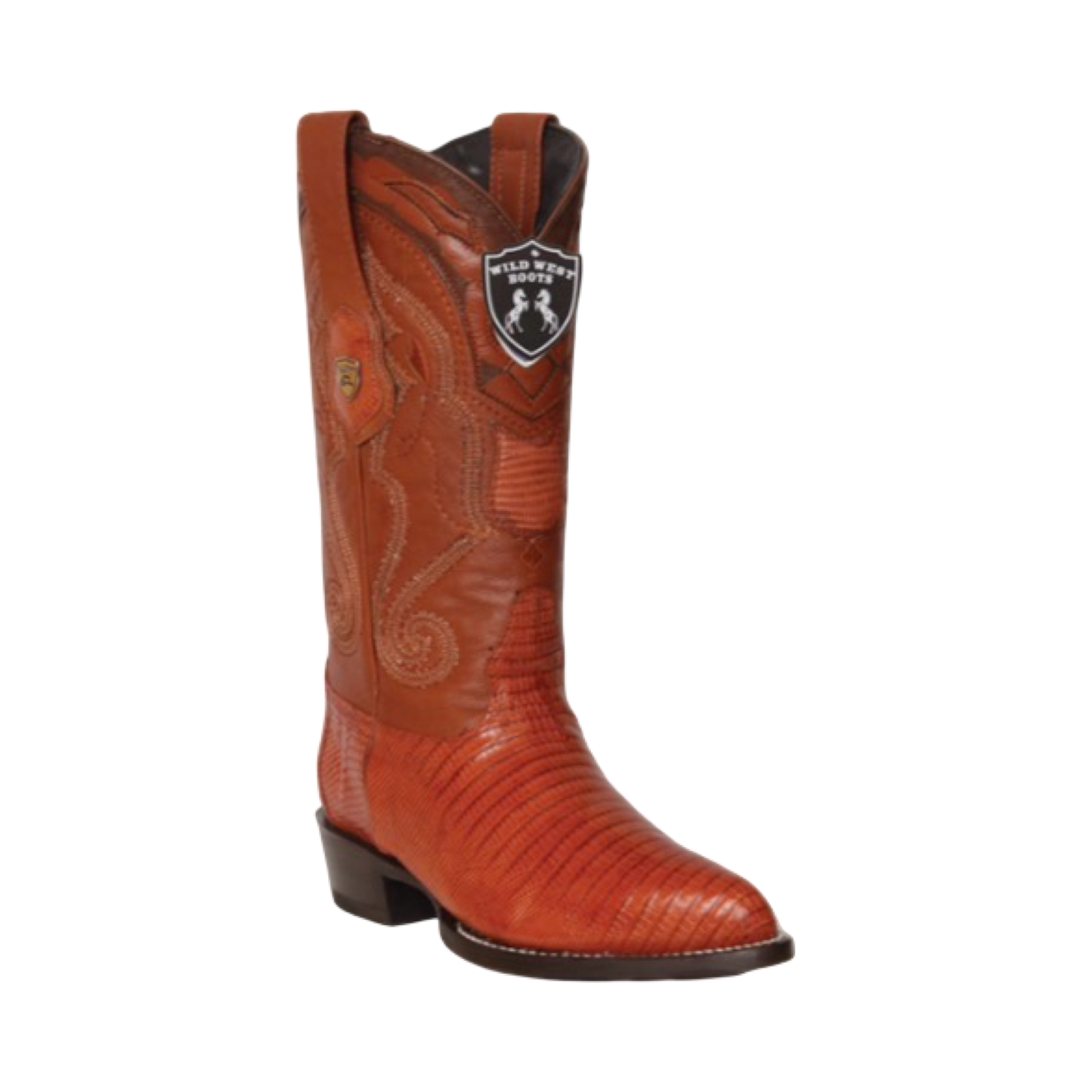 Brown cowboy boot with detailed design on a white background 