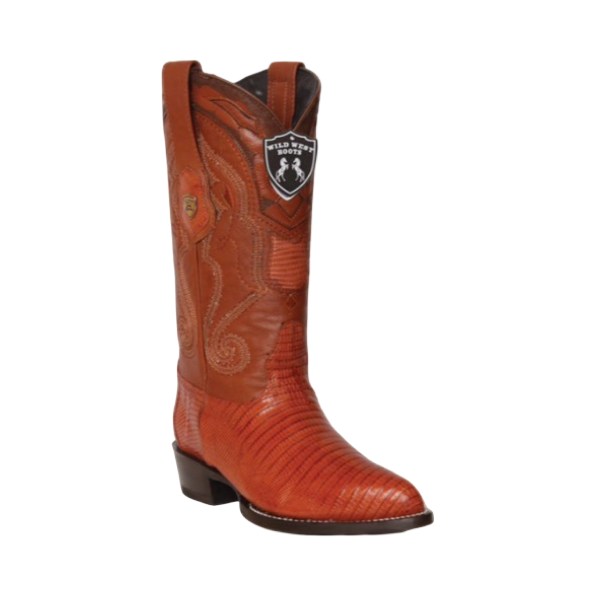 Brown cowboy boot with detailed design on a white background 