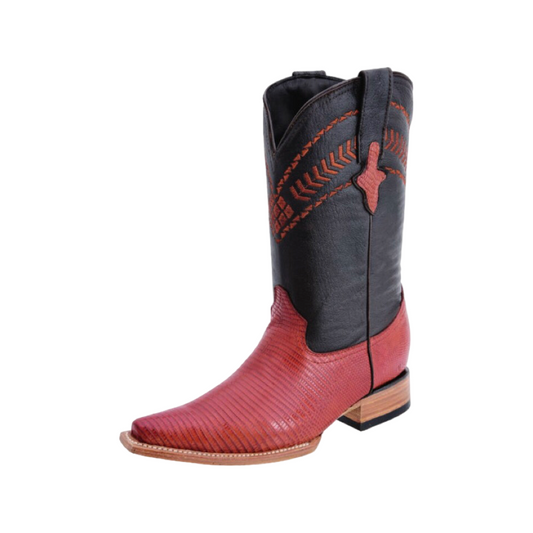 A red and black lizard skin boot with a distinctive pattern and a star detail on the top.