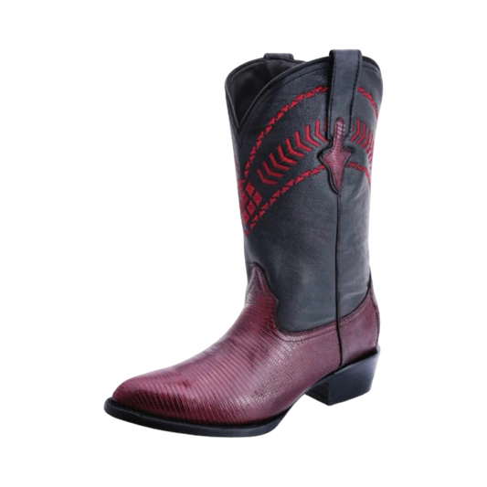 A stylish men's boot featuring a lizard skin texture with a predominantly red color and black details, including a distinctive red star on the top.