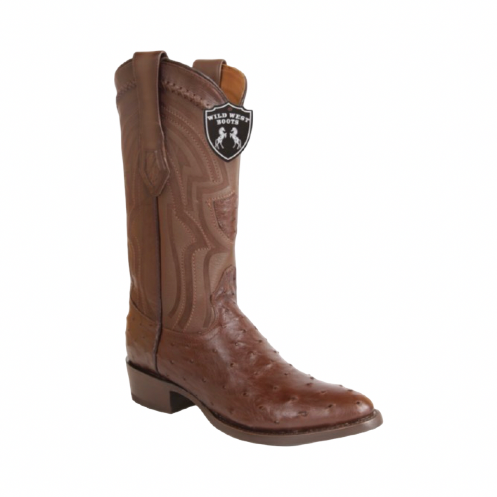 Botas de avestruz color tabaco con horma Oval de Wild West Boots.