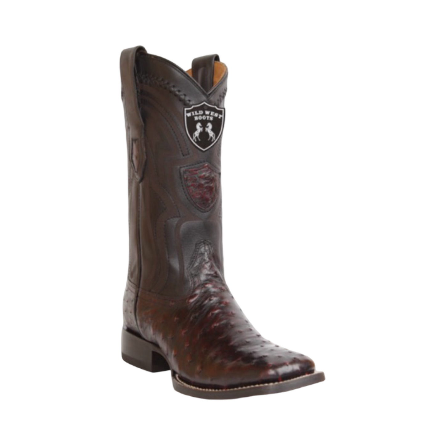 Brown cowboy boot with a visible brand logo on a white background