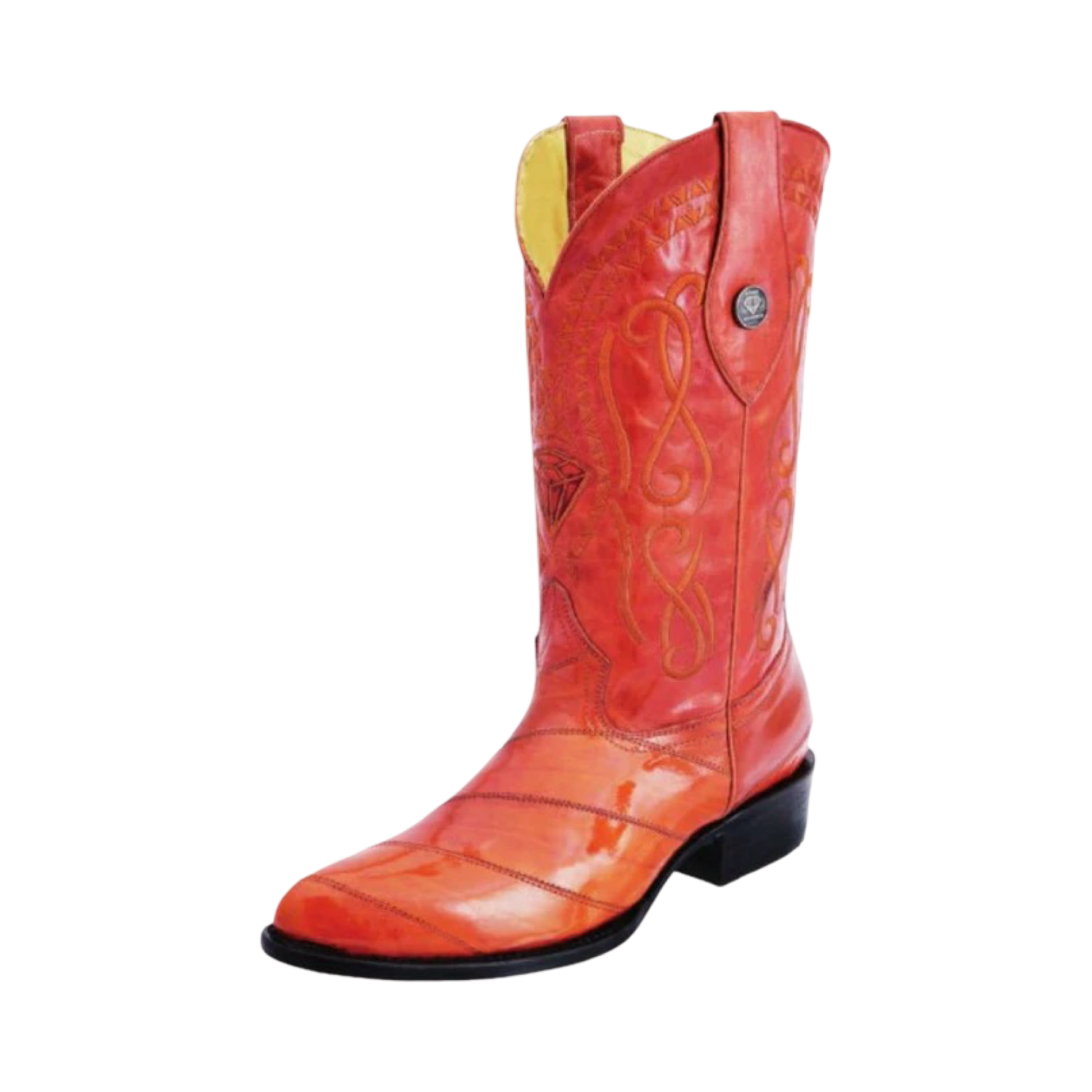 A red eel skin boot with a pointed toe and decorative patterns.