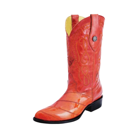 A red eel skin boot with a pointed toe and decorative patterns.
