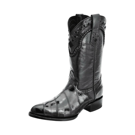 A black boot made of genuine eel skin featuring a pointed toe and decorative stitching.