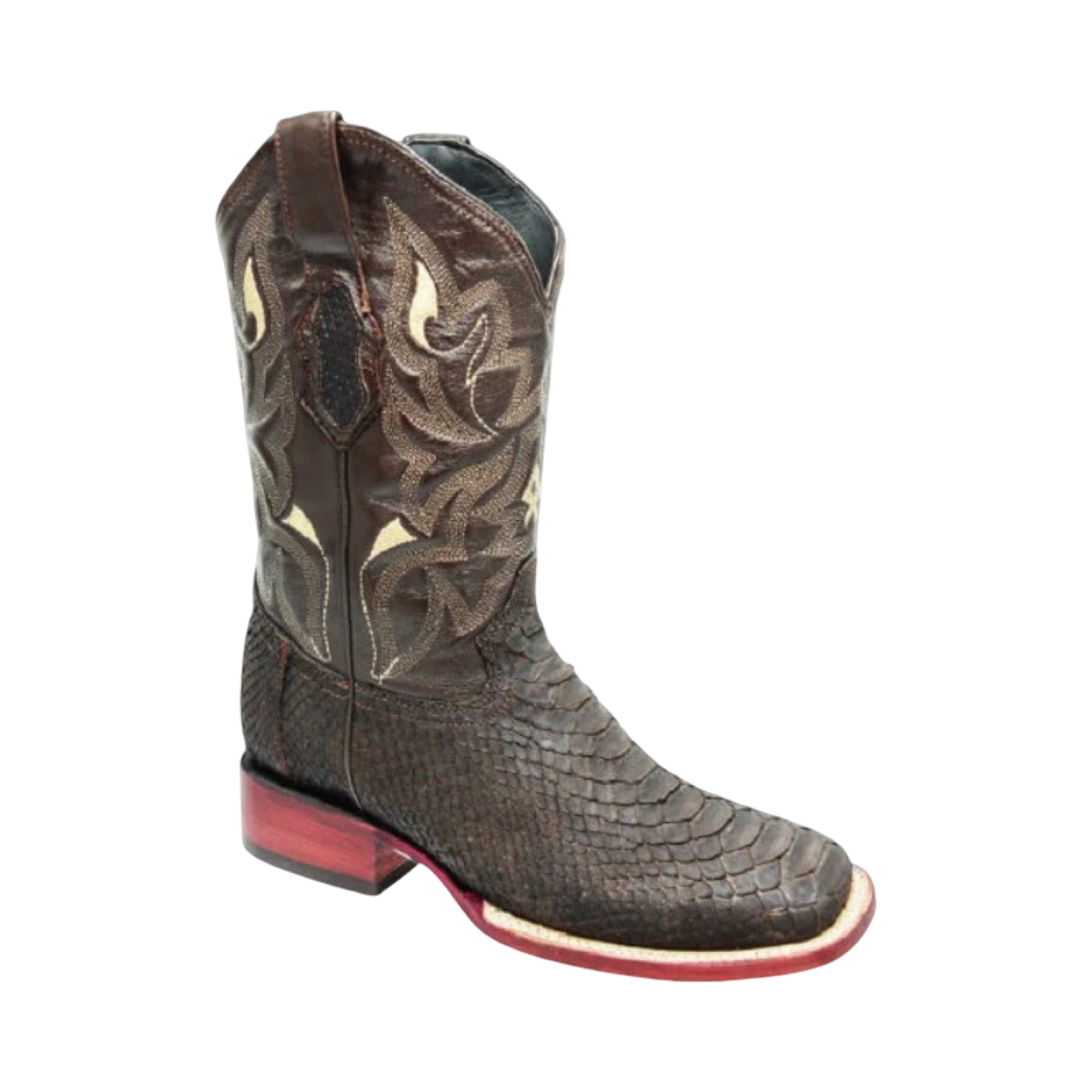 Botas de pitón café oscuro para hombre con horma Rodeo estilo western.