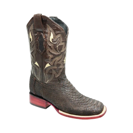 Botas de pitón café oscuro para hombre con horma Rodeo estilo western.