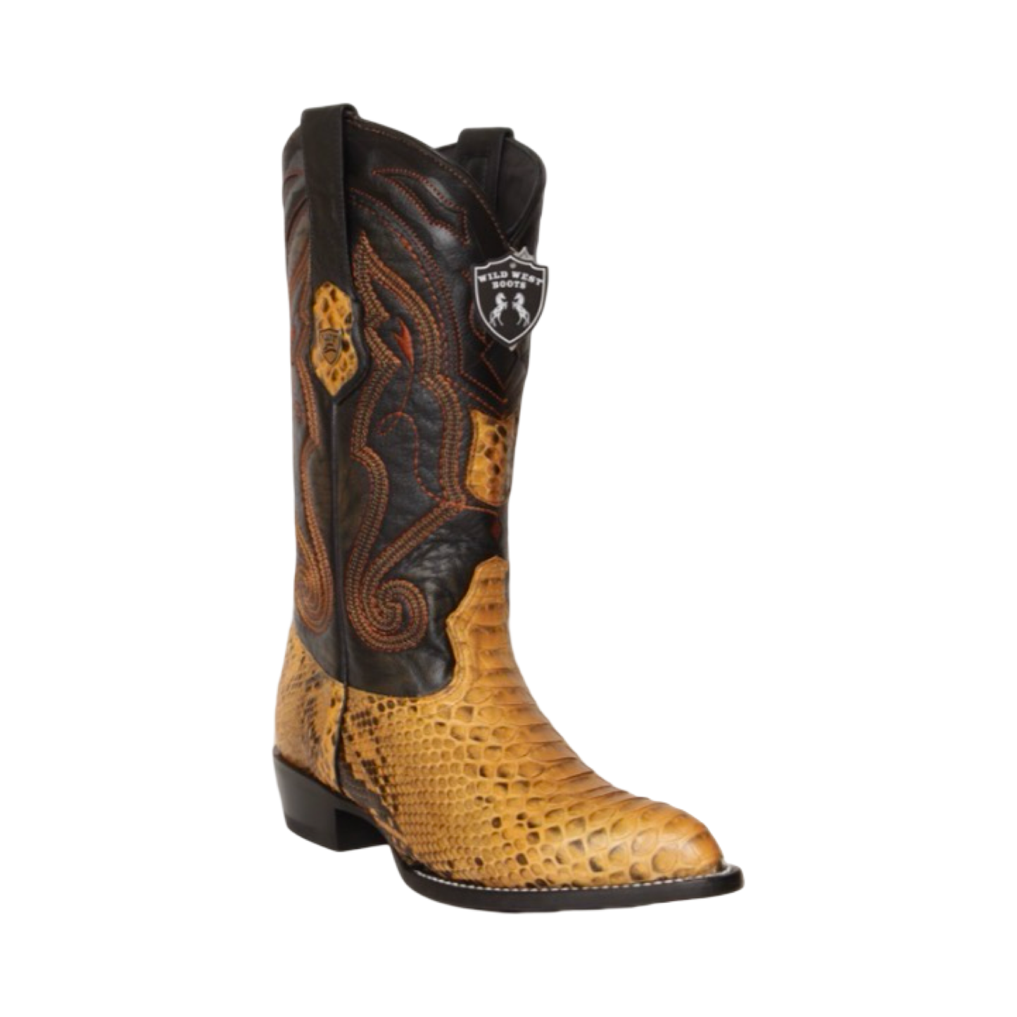 Cowboy boot with intricate design and brand logo on a white background