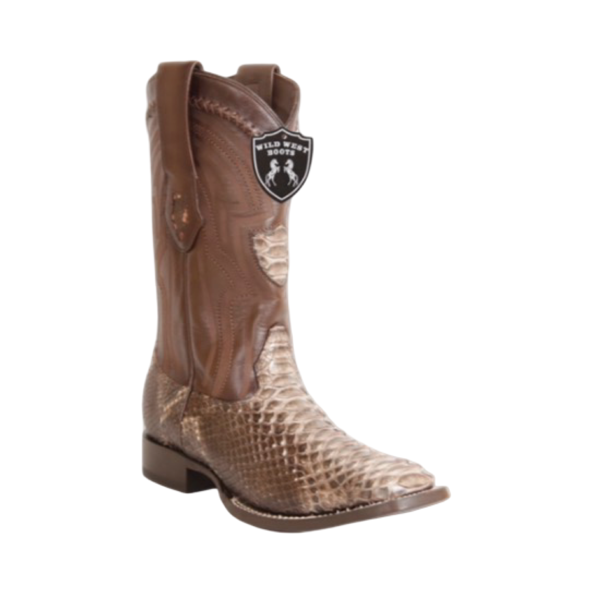 Brown cowboy boot with snake skin pattern on a white background
